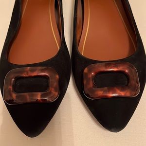 VIONIC black suede pointy toe flats with tortoise buckle trim